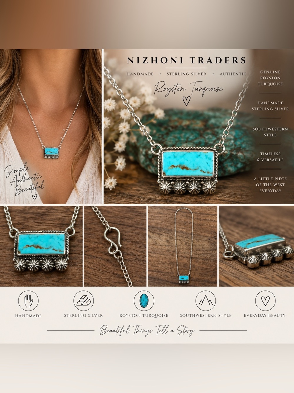 Nizhoni Traders Handmade Sterling Silver & Royston Turquoise Bar Necklace